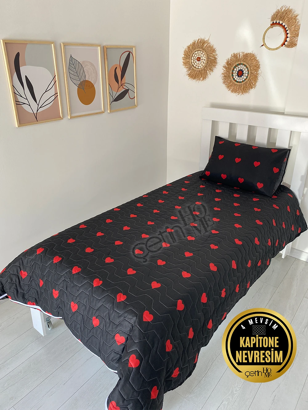 【M2731-85-62】よっぴい Çetinhome Tek Kişilik Kapitone Pike Seti 4 Mevsim Siyah Kalp