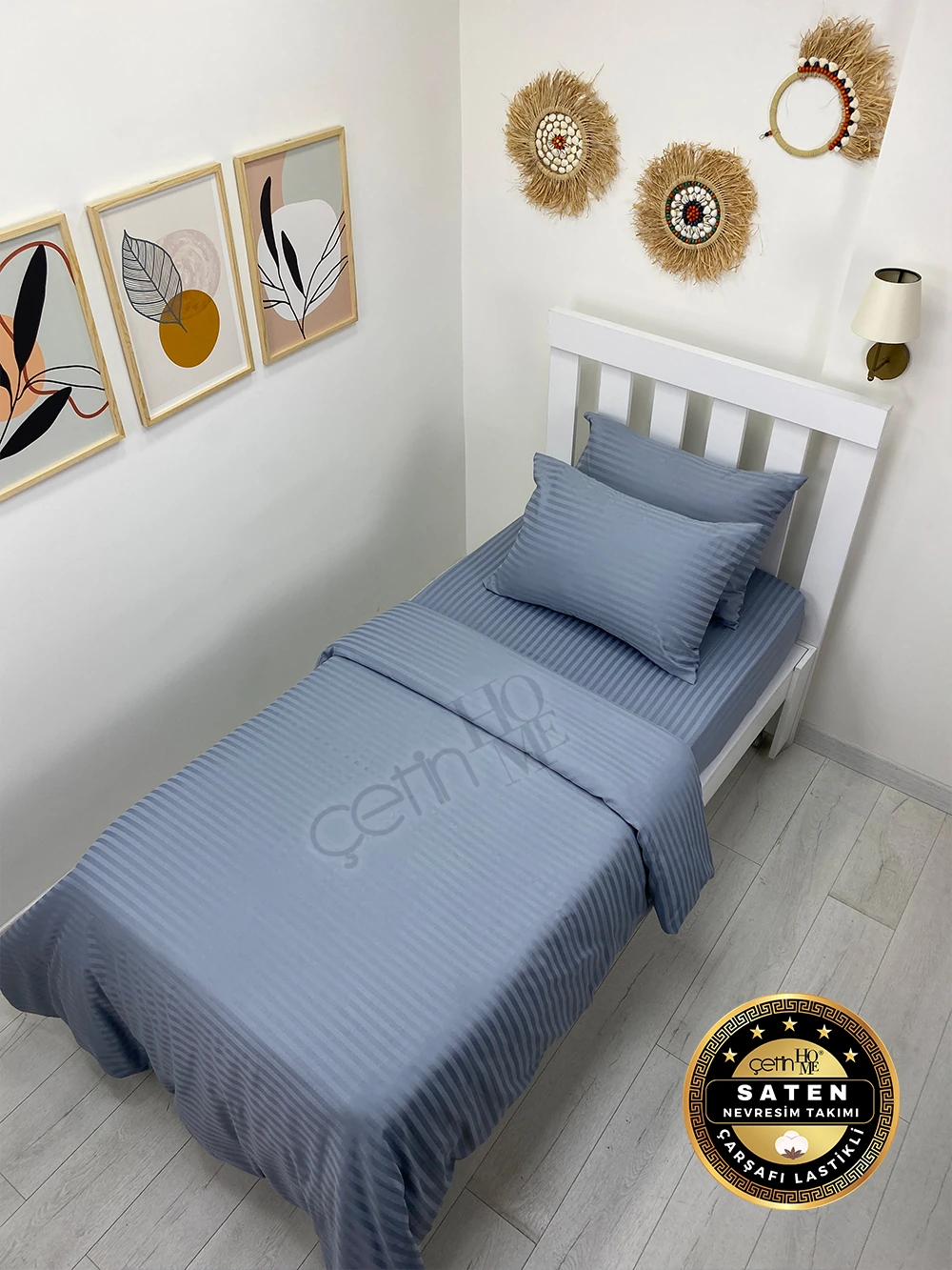 Çetinhome Çizgili Saten Nevresim Takımı - Koyu Gri