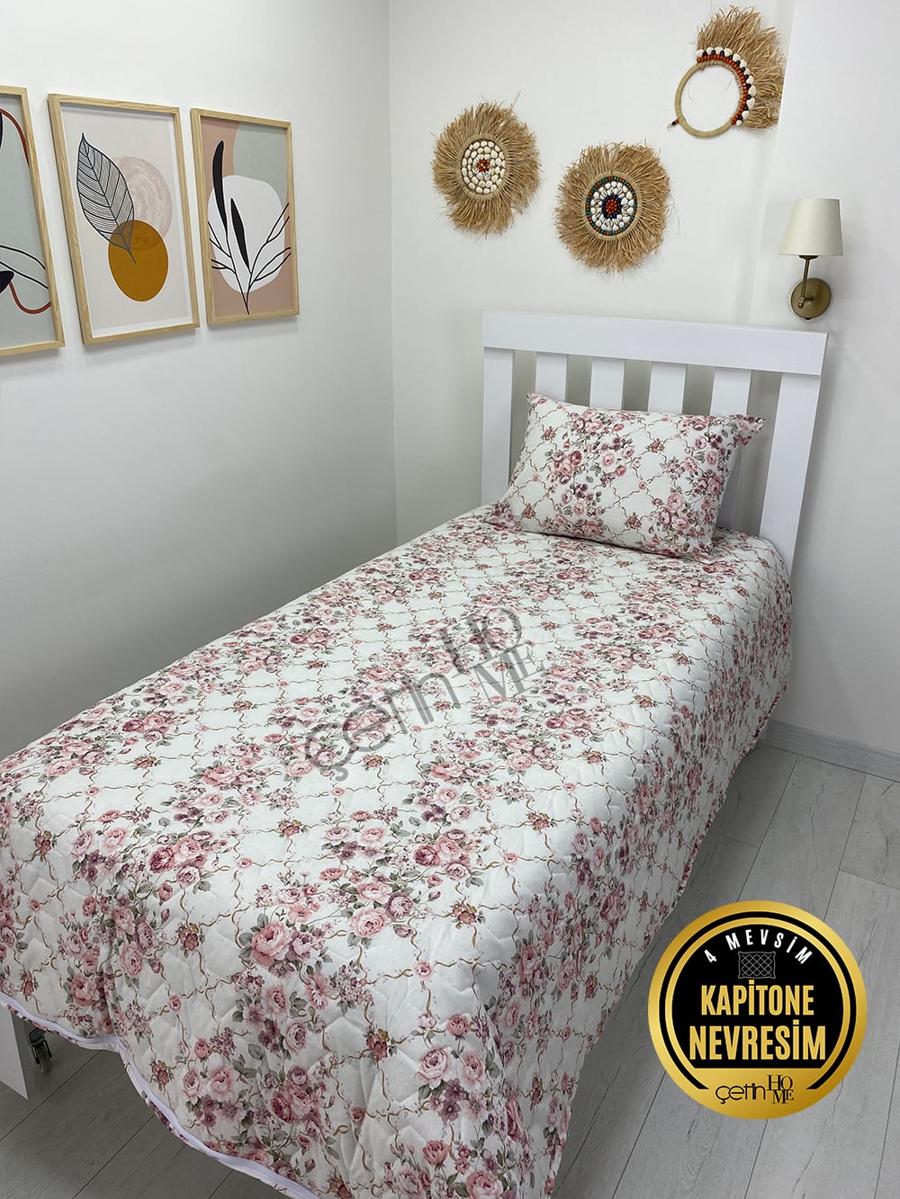 Çetinhome Tek Kişilik Kapitone Pike Seti 4 Mevsim Güz Gülleri