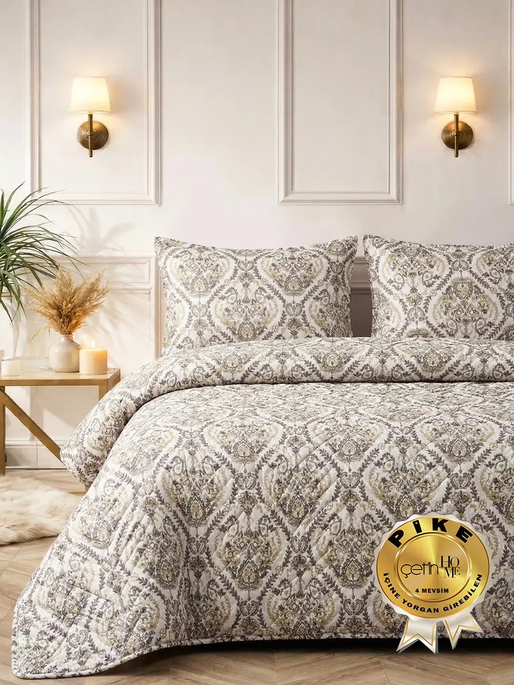 Çetinhome Çift Kişilik Kapitone Pike Seti 4 Mevsim Harem Gold