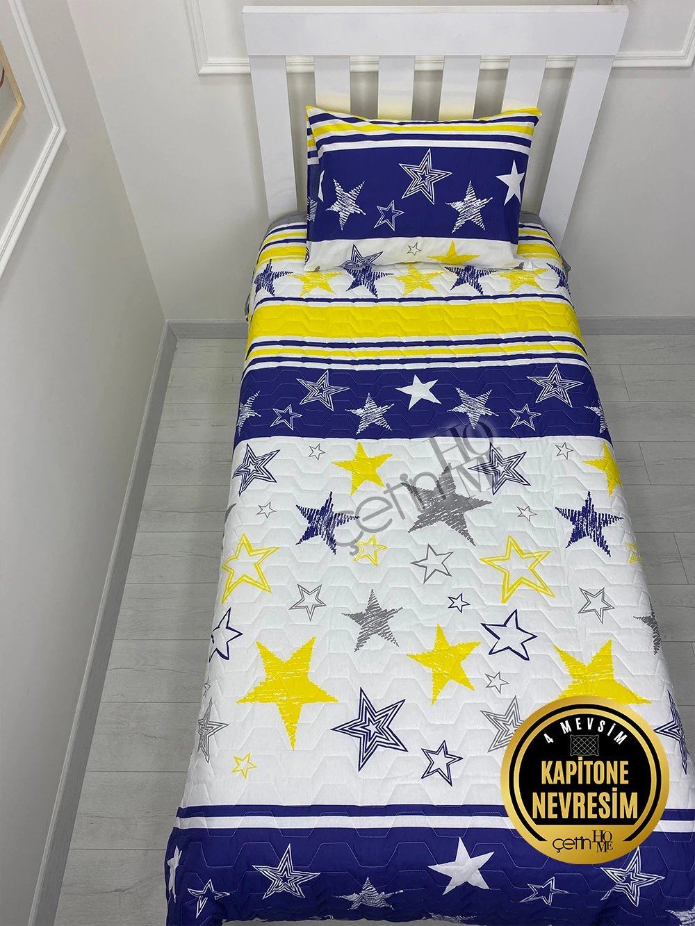 Çetinhome Tek Kişilik Kapitone Pike Seti 4 Mevsim Sarı Lacivert