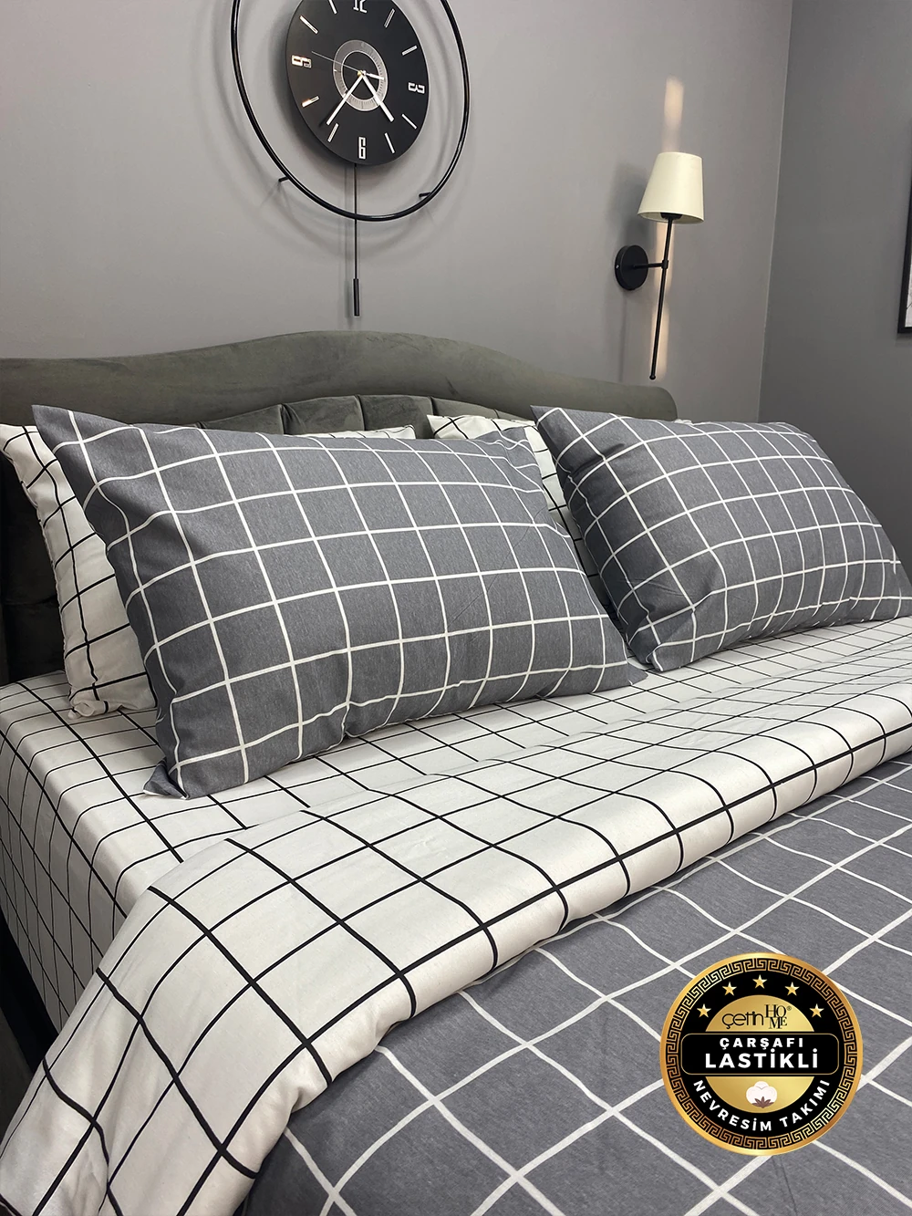 Çetinhome Çarşafı Lastikli Çift Kişilik Nevresim Takımı Kare Antrasit