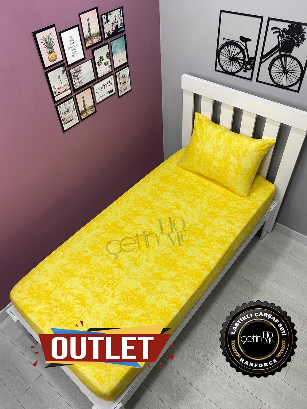 Outlet Kumaş Lastikli Çarşaf Seti Tek Kişilik Gölge Sarı