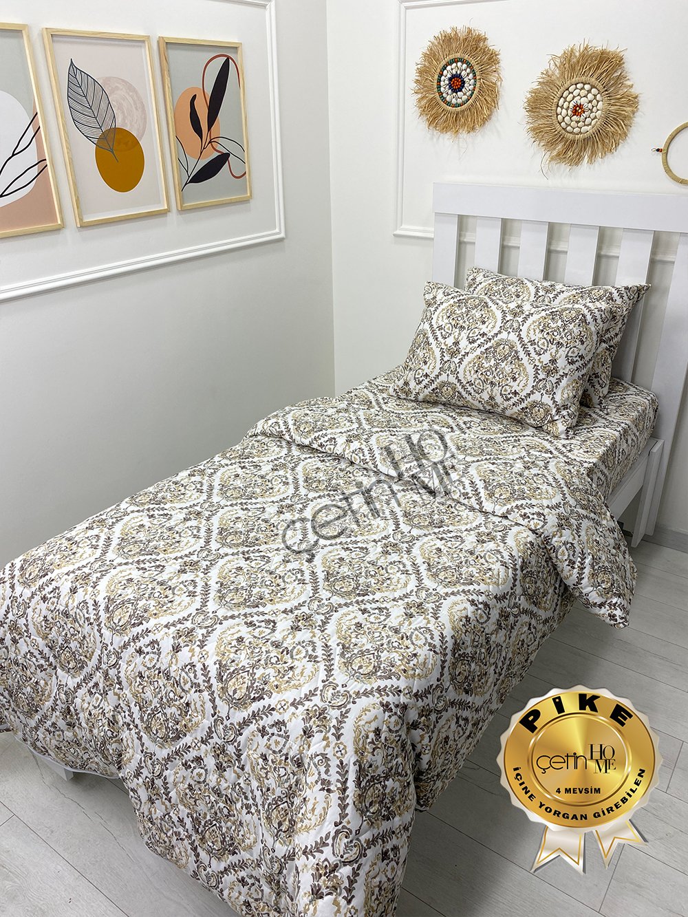 Çetinhome Tek Kişilik Çarşafı Lastikli Kapitone Pike Takımı 4 Mevsim Harem Gold