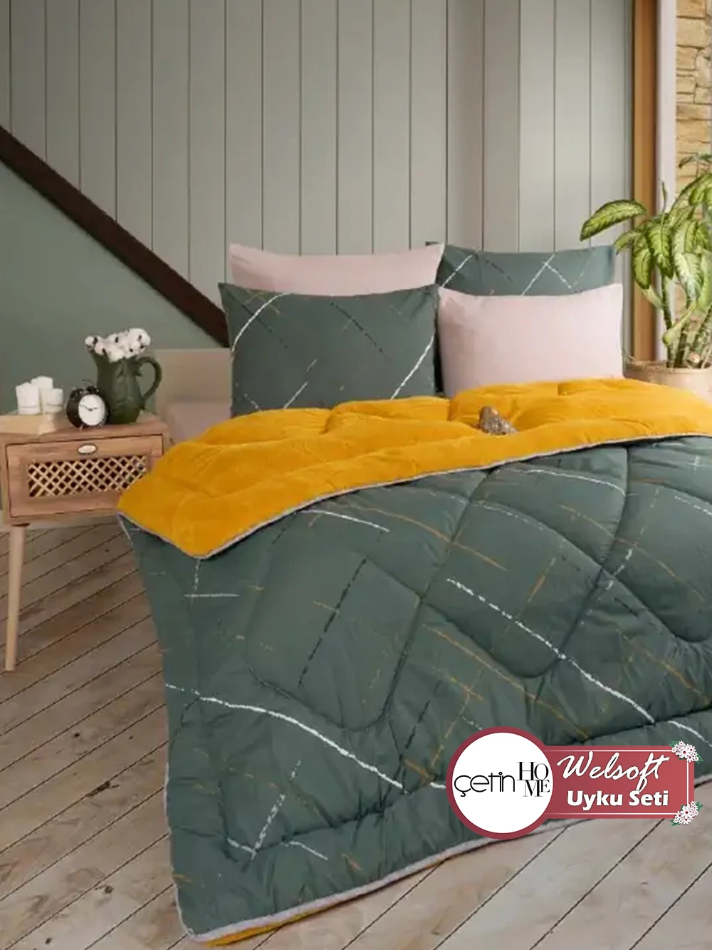 Çetinhome Çift Kişilik Çarşafı Lastikli Welsoft Uyku Seti - Yansıma Hardal