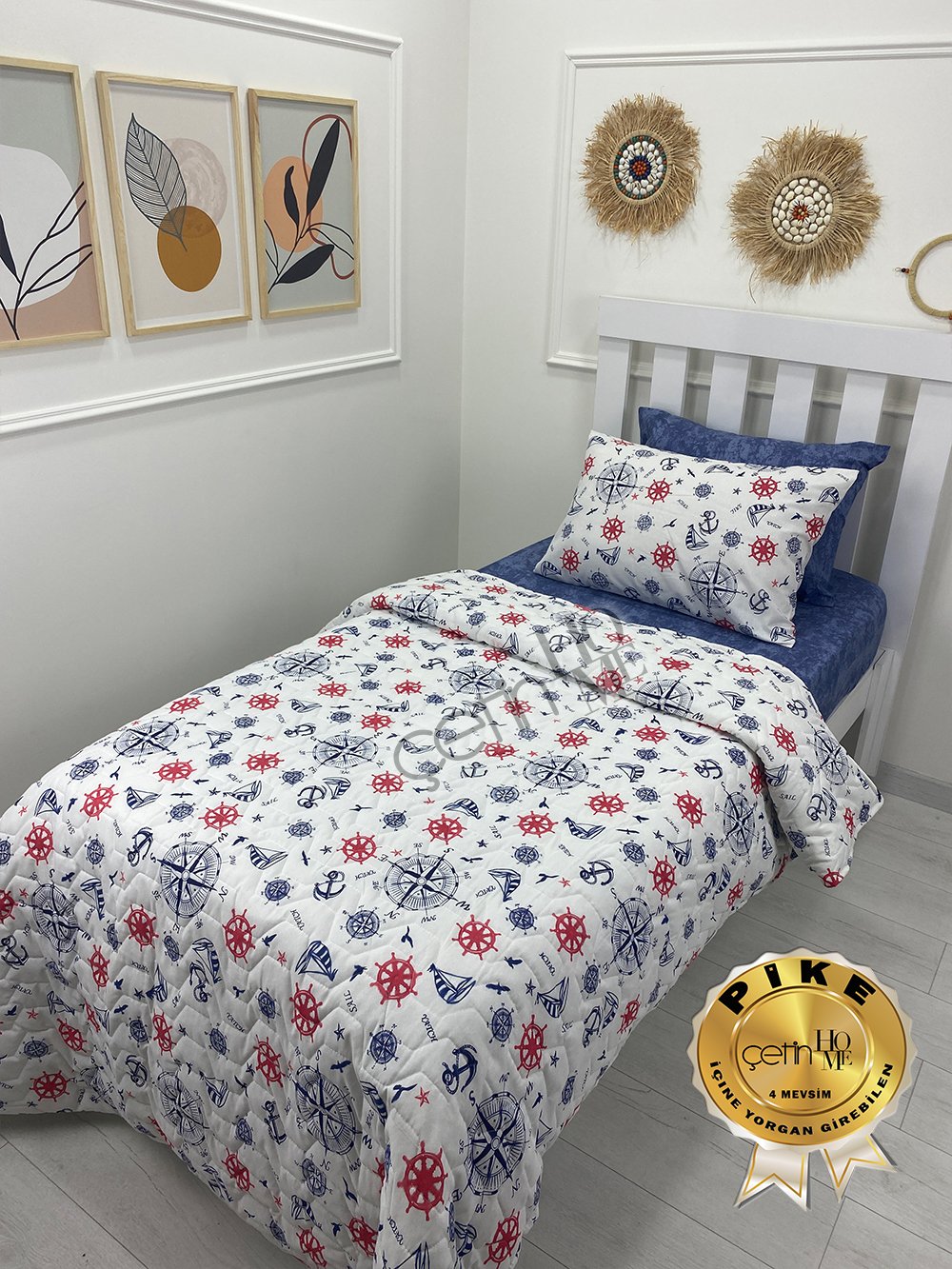 Çetinhome Tek Kişilik Çarşafı Lastikli Kapitone Pike Takımı 4 Mevsim Denizci Mavi