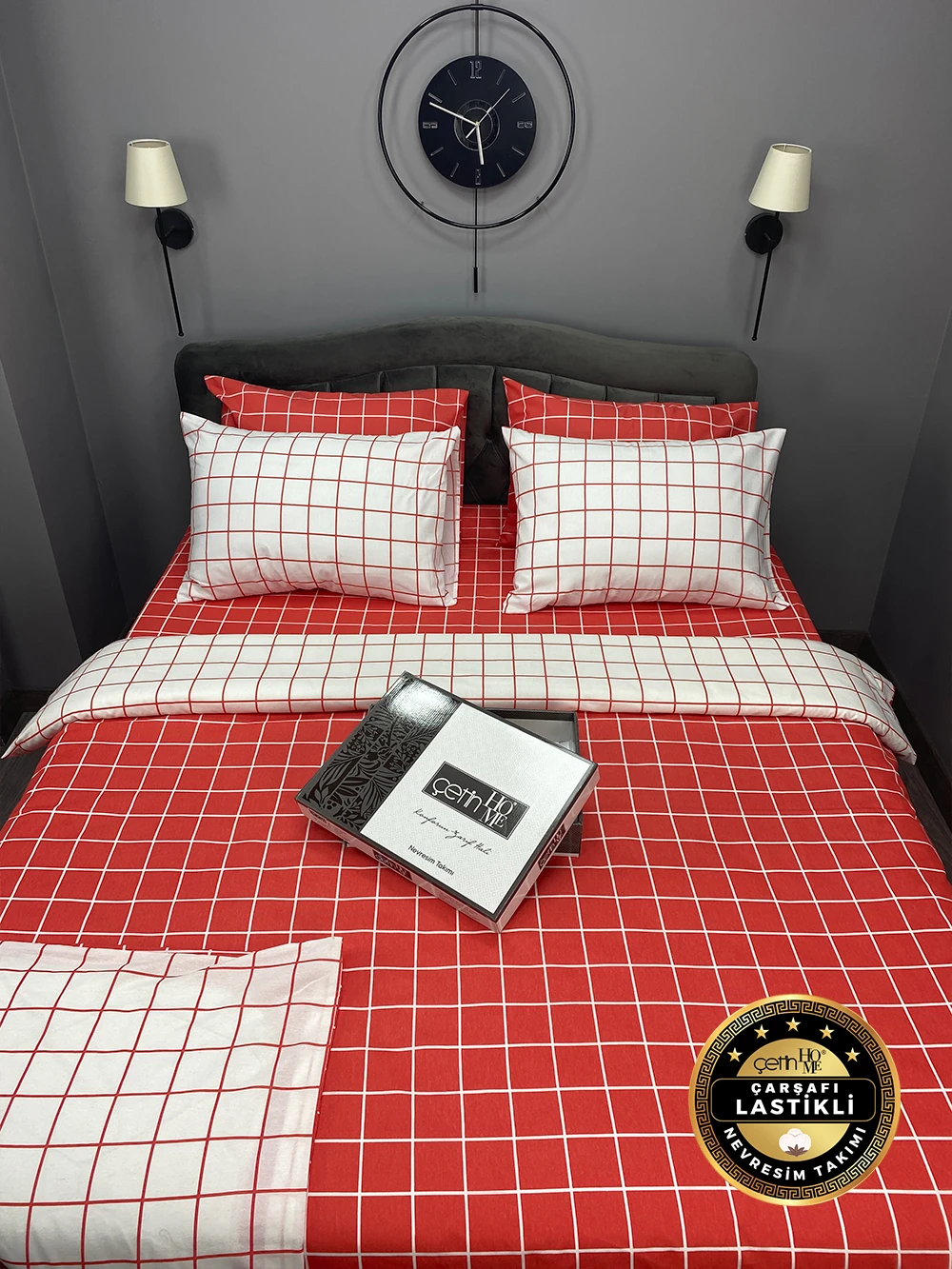 Çetinhome Çarşafı Lastikli Çift Kişilik Nevresim Takımı Kare Kiremit