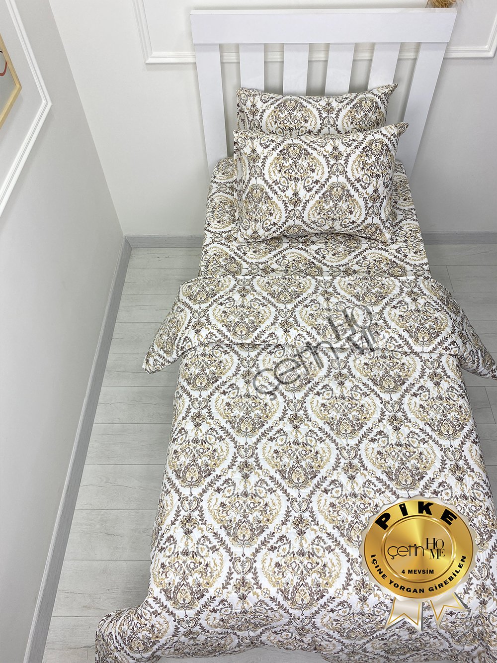 Çetinhome Tek Kişilik Çarşafı Lastikli Kapitone Pike Takımı 4 Mevsim Harem Gold
