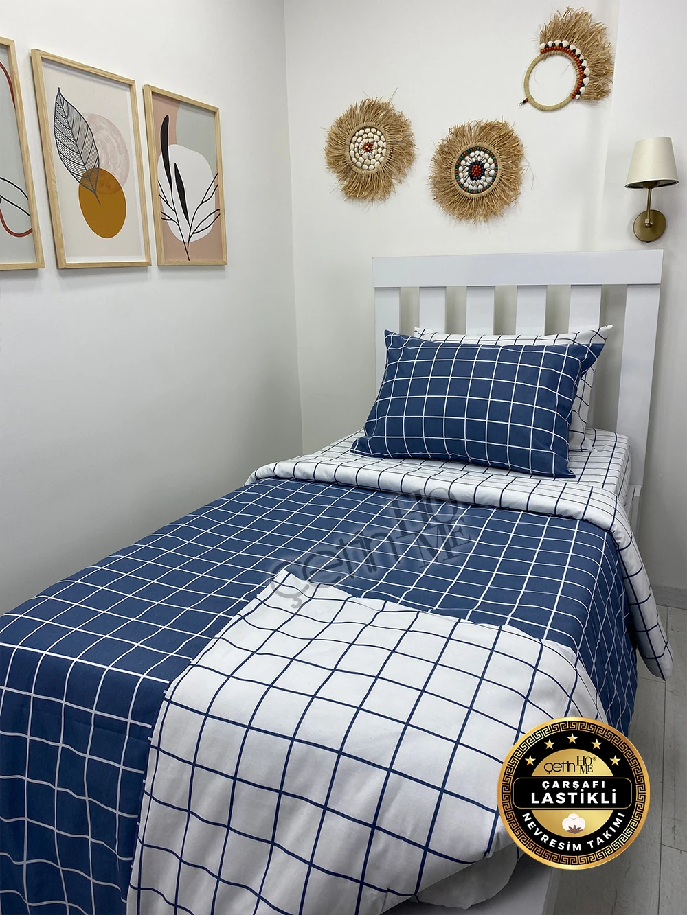 Çetinhome Çarşafı Lastikli Tek Kişilik Nevresim Takımı Kare Mavi-Beyaz