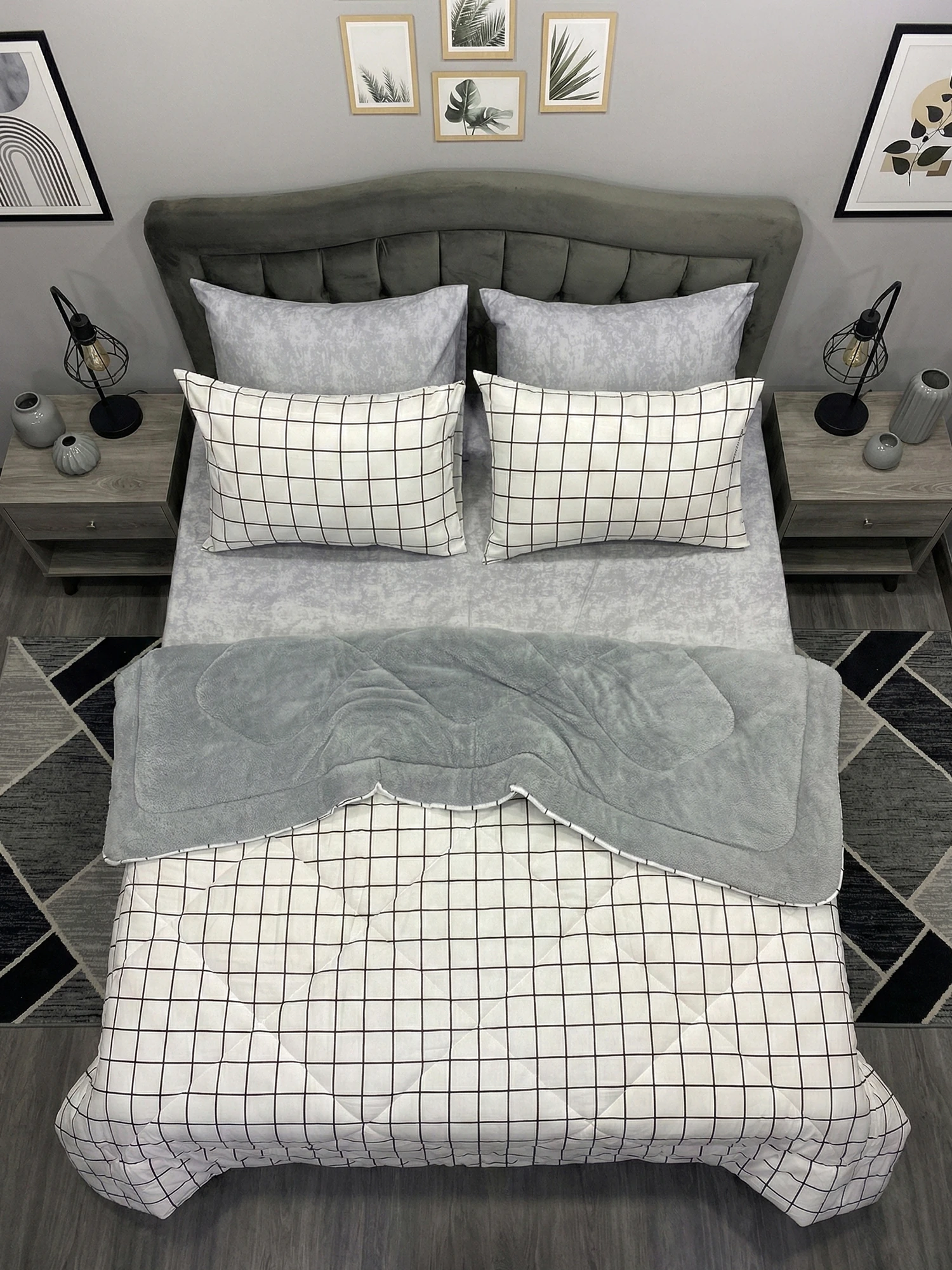 Çetinhome Çift Kişilik Çarşafı Lastikli Desenli Welsoft Yorgan Seti Kare Beyaz