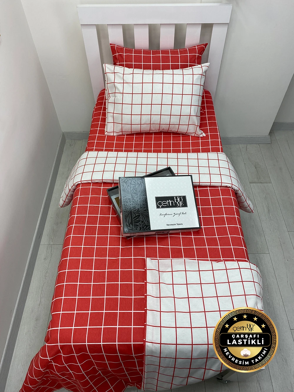 Çetinhome Çarşafı Lastikli Tek Kişilik Nevresim Takımı Kare Kiremit