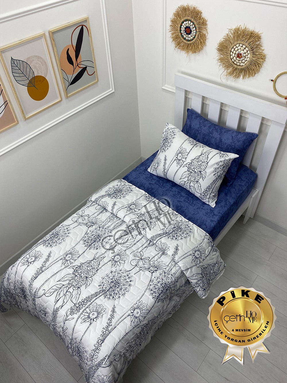Çetinhome Tek Kişilik Çarşafı Lastikli Kapitone Pike Takımı 4 Mevsim Nevra