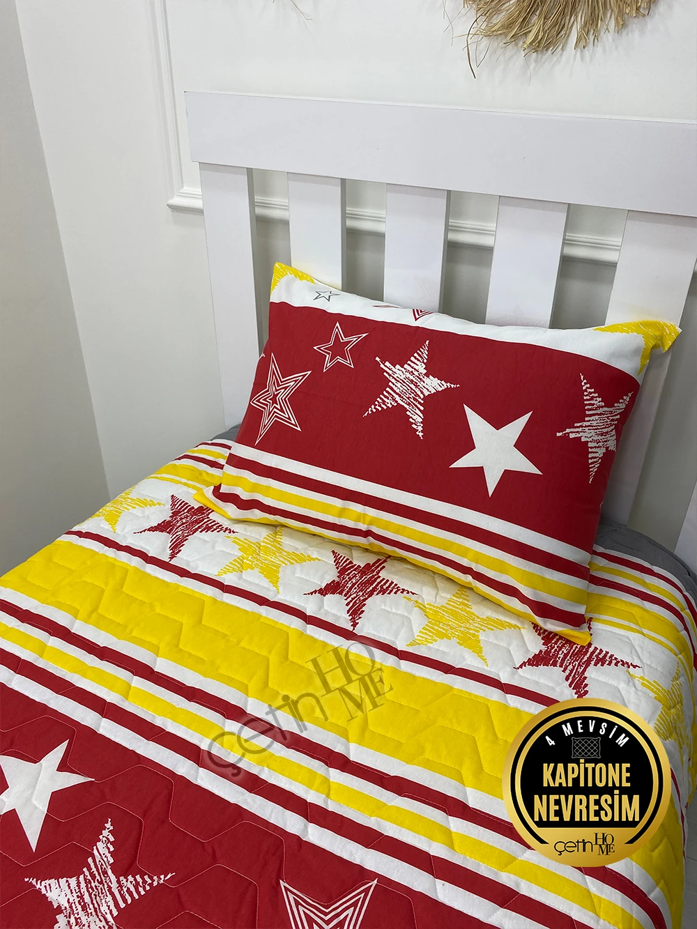 Çetinhome Tek Kişilik Kapitone Pike Seti 4 Mevsim Sarı Kırmızı