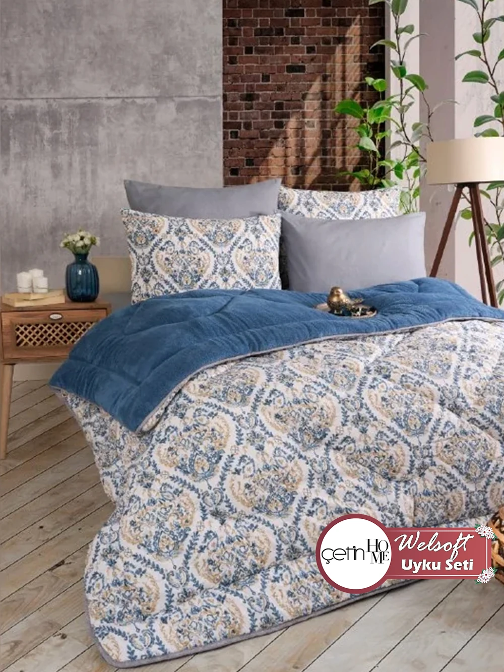 Çetinhome Çift Kişilik Çarşafı Lastikli Welsoft Uyku Seti - Harem Indigo