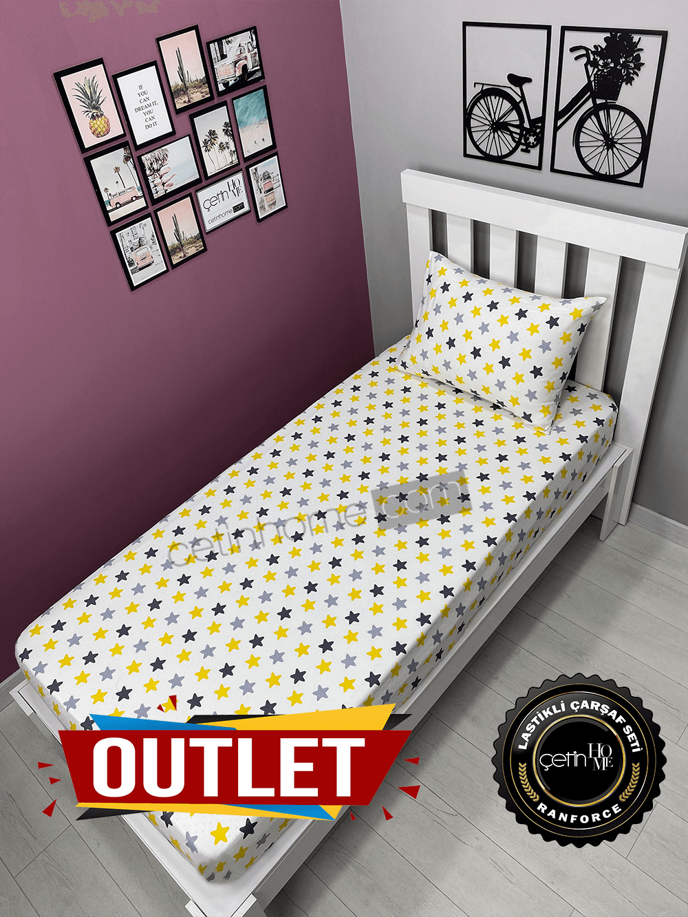 Outlet Kumaş Lastikli Çarşaf Seti Tek Kişilik Sarı Yıldız