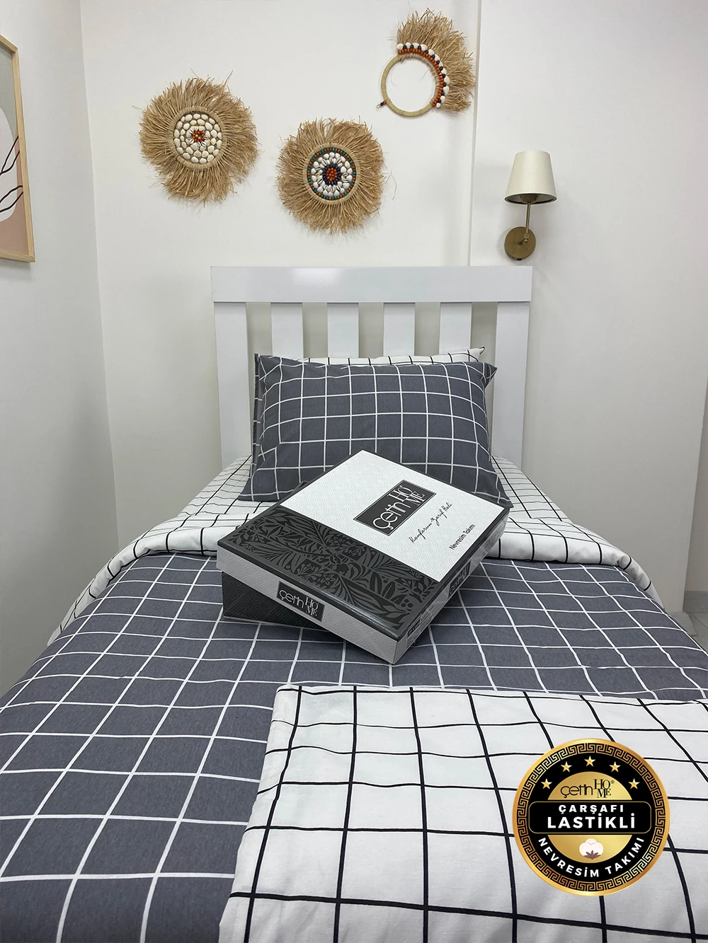 Çetinhome Çarşafı Lastikli Tek Kişilik Nevresim Takımı Kare Antrasit