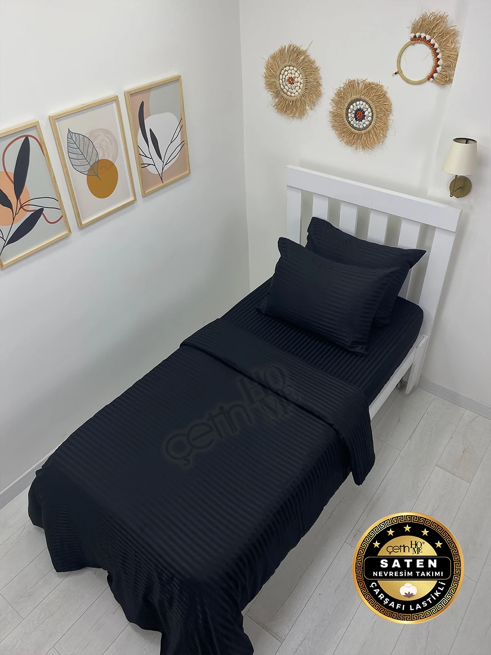 Çetinhome Tek Kişilik Çizgili Saten Nevresim Takımı - Siyah