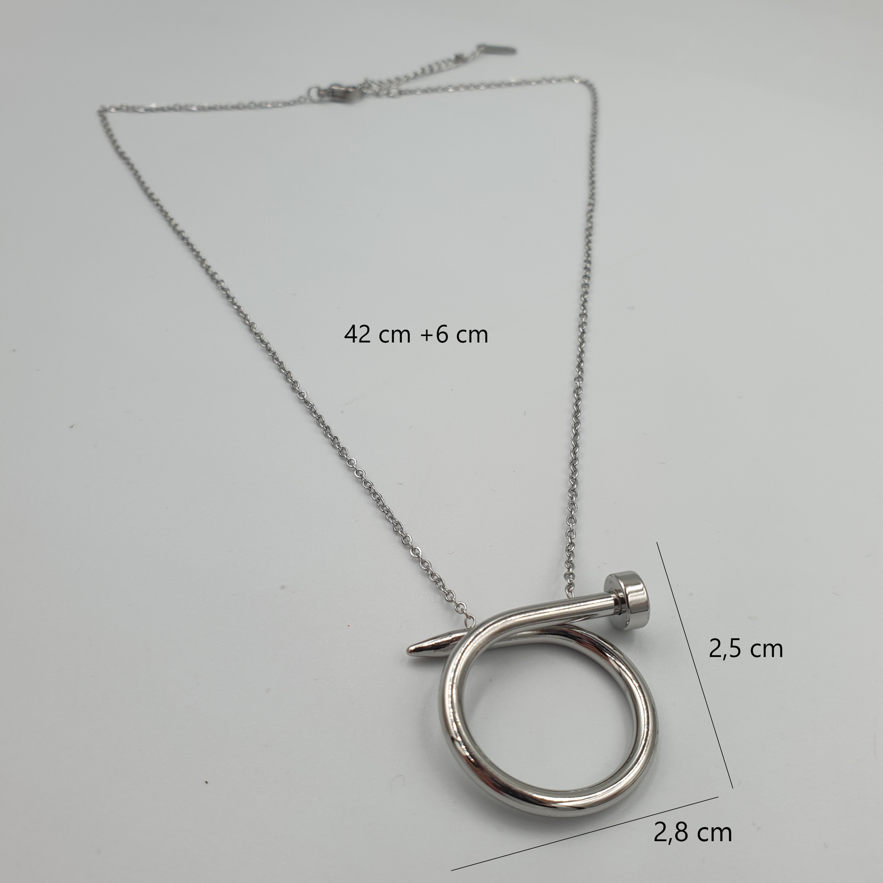 Gümüş Renk Çelik Çivi Tasarım Unisex Kolye - Kararmaz (42+6 cm)
