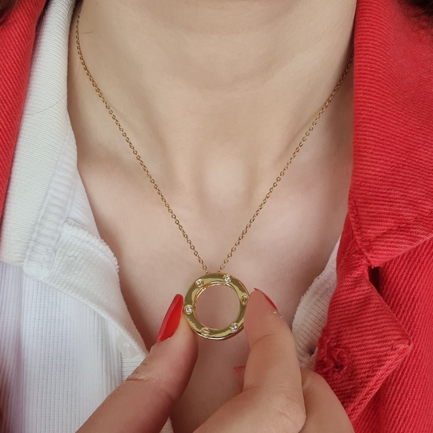 Gold Renk Çift Taraflı Kullanım Zirkon Taş Detaylı Çelik Kolye – LOVE Yazılı, 40+5 cm