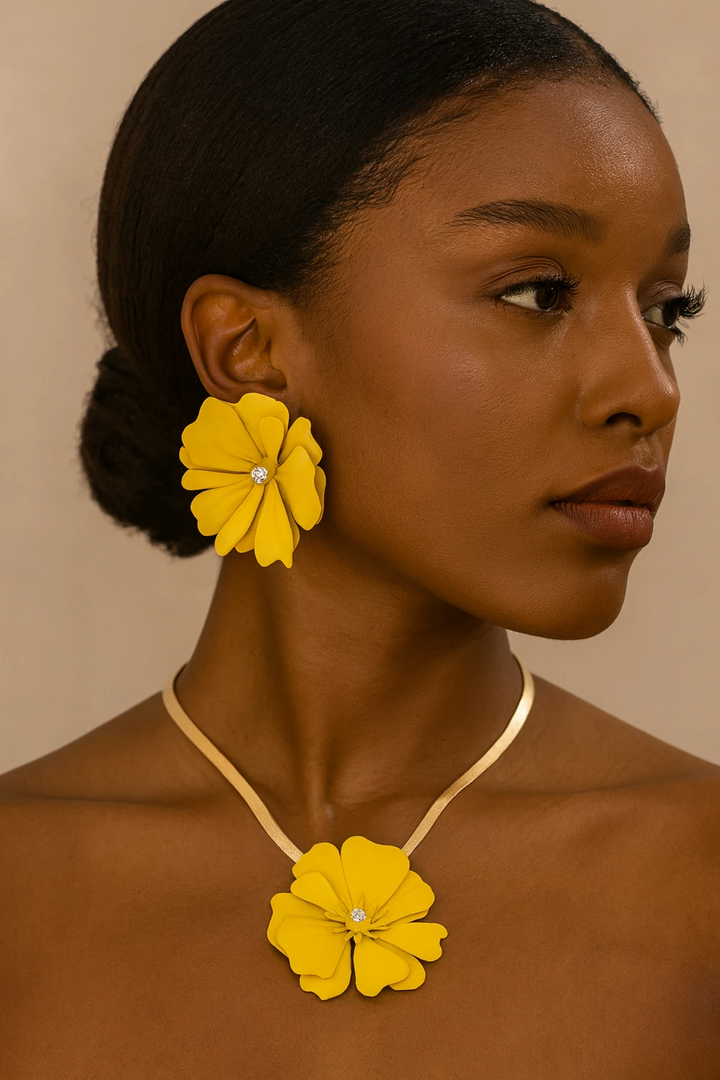 İnci Detaylı Sarı Çiçek Kolye ve Küpe Set