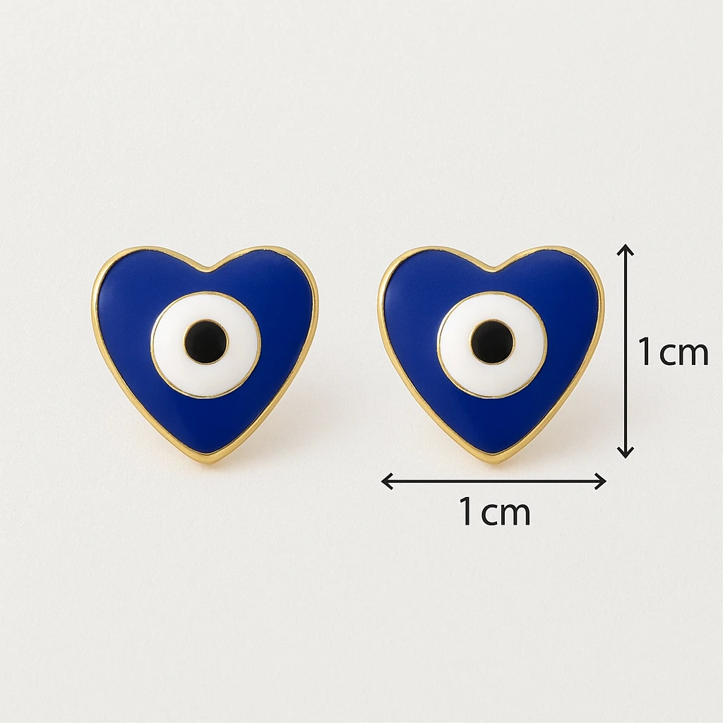 Kadın Kalp Formlu Nazar Desenli Mavi Küpe – 1 cm Çivi Model