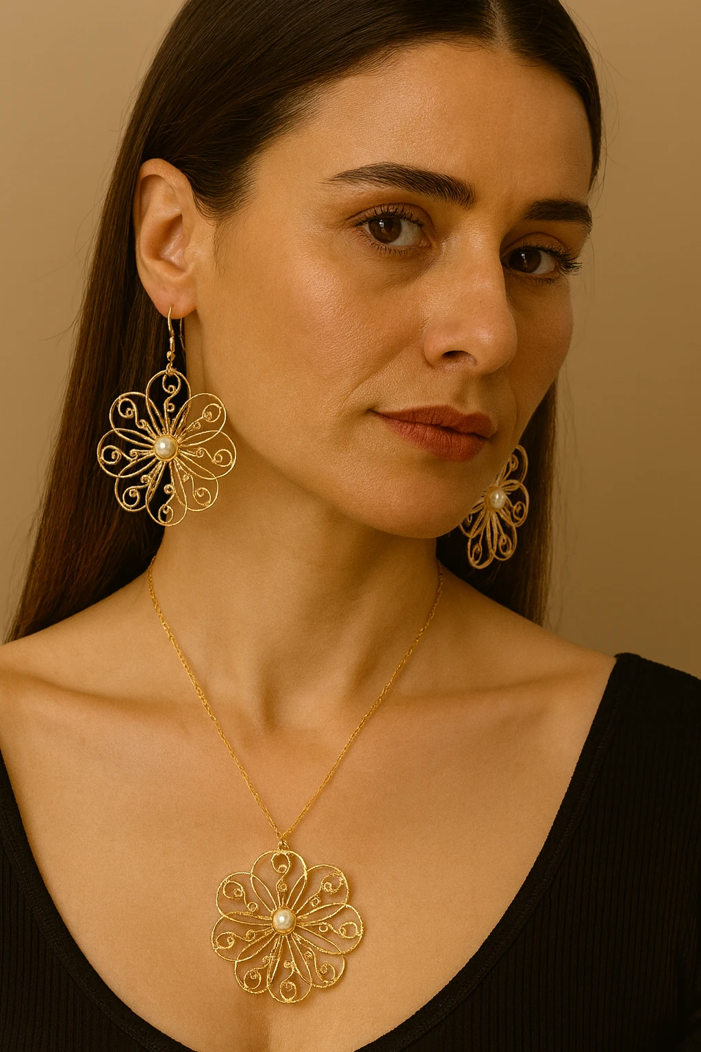 Altın Renk Tel İşlemeli İri Kolye Küpe Set – İnci Detaylı