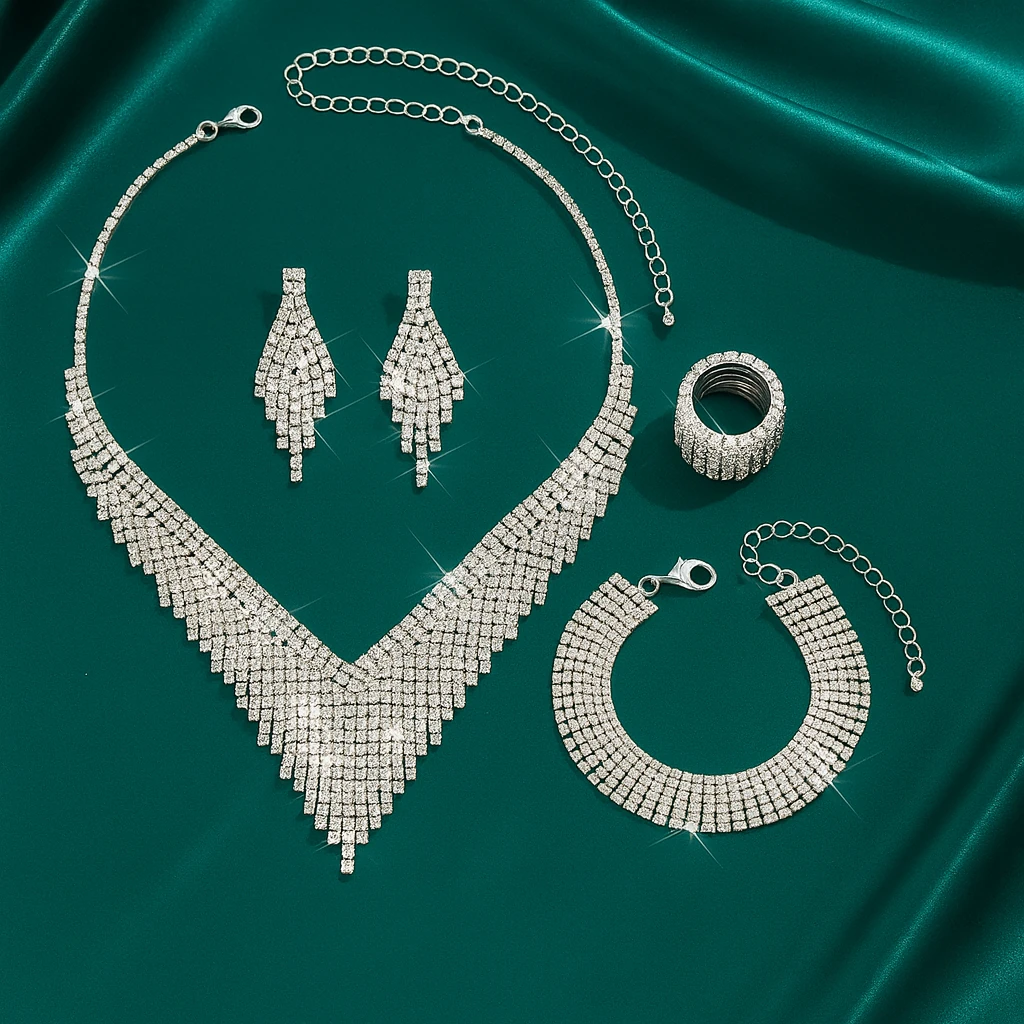 Düğün ve Davet İçin Işıltılı Taşlı 4’lü Takı Seti (Kolye, Küpe, Bileklik, Yüzük)