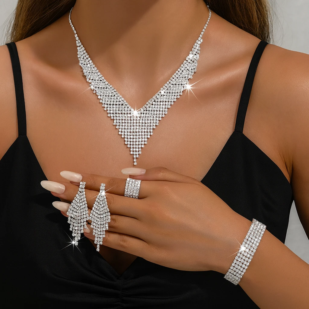 Düğün ve Davet İçin Işıltılı Taşlı 4’lü Takı Seti (Kolye, Küpe, Bileklik, Yüzük)