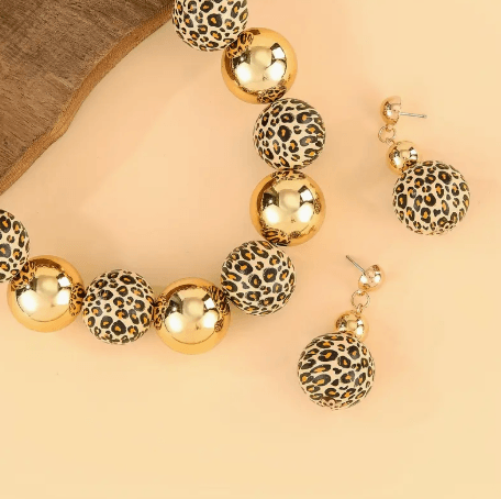 Ahşap Boncuklu Gold-Leopar Kolye Küpe Takı Seti