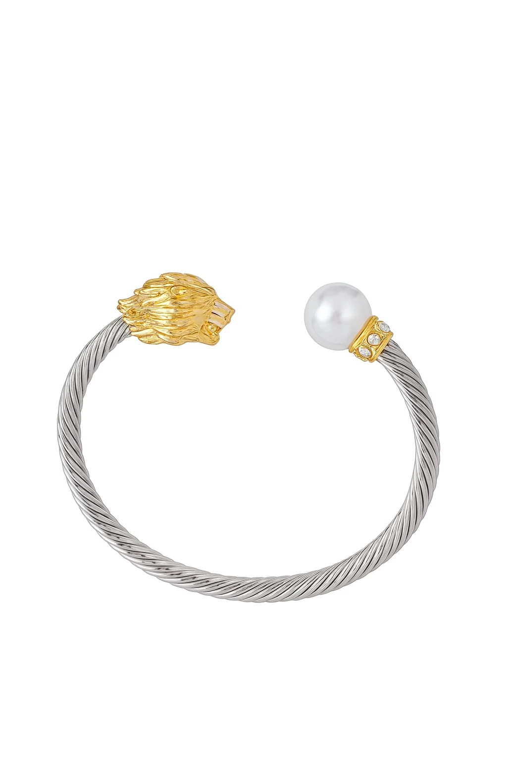 Çelik Aslan Figürlü İnci Detaylı Çelik Kelepçe Bileklik