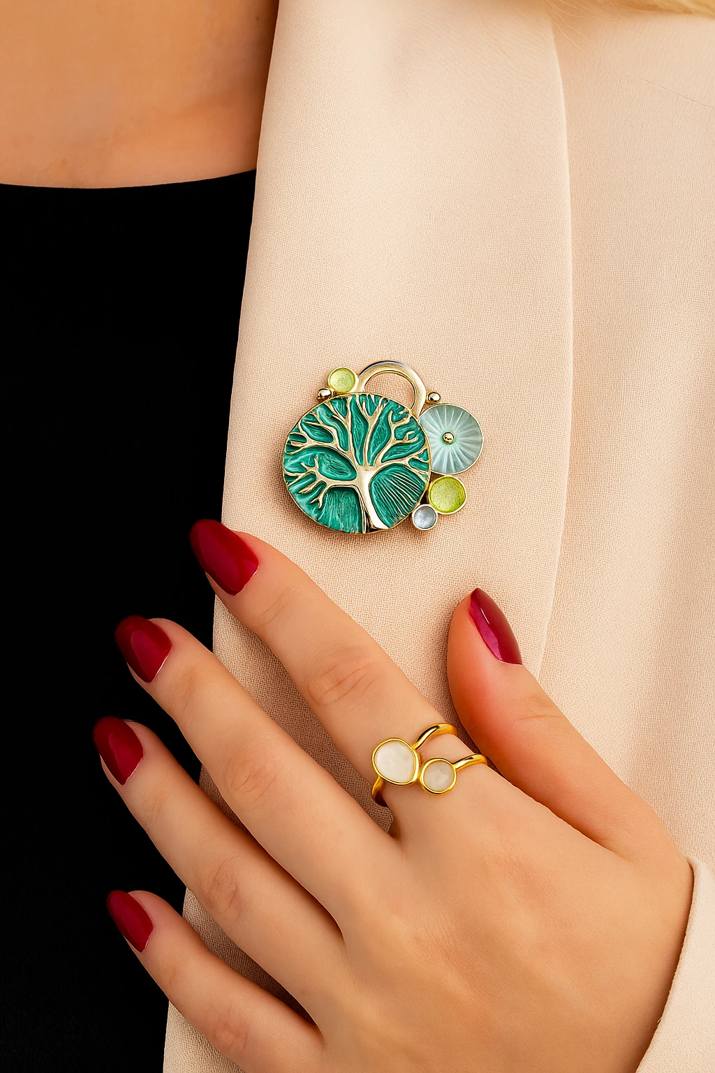 Altın Kaplama Mıknatıslı Mine "Hayat Ağacı" Broş