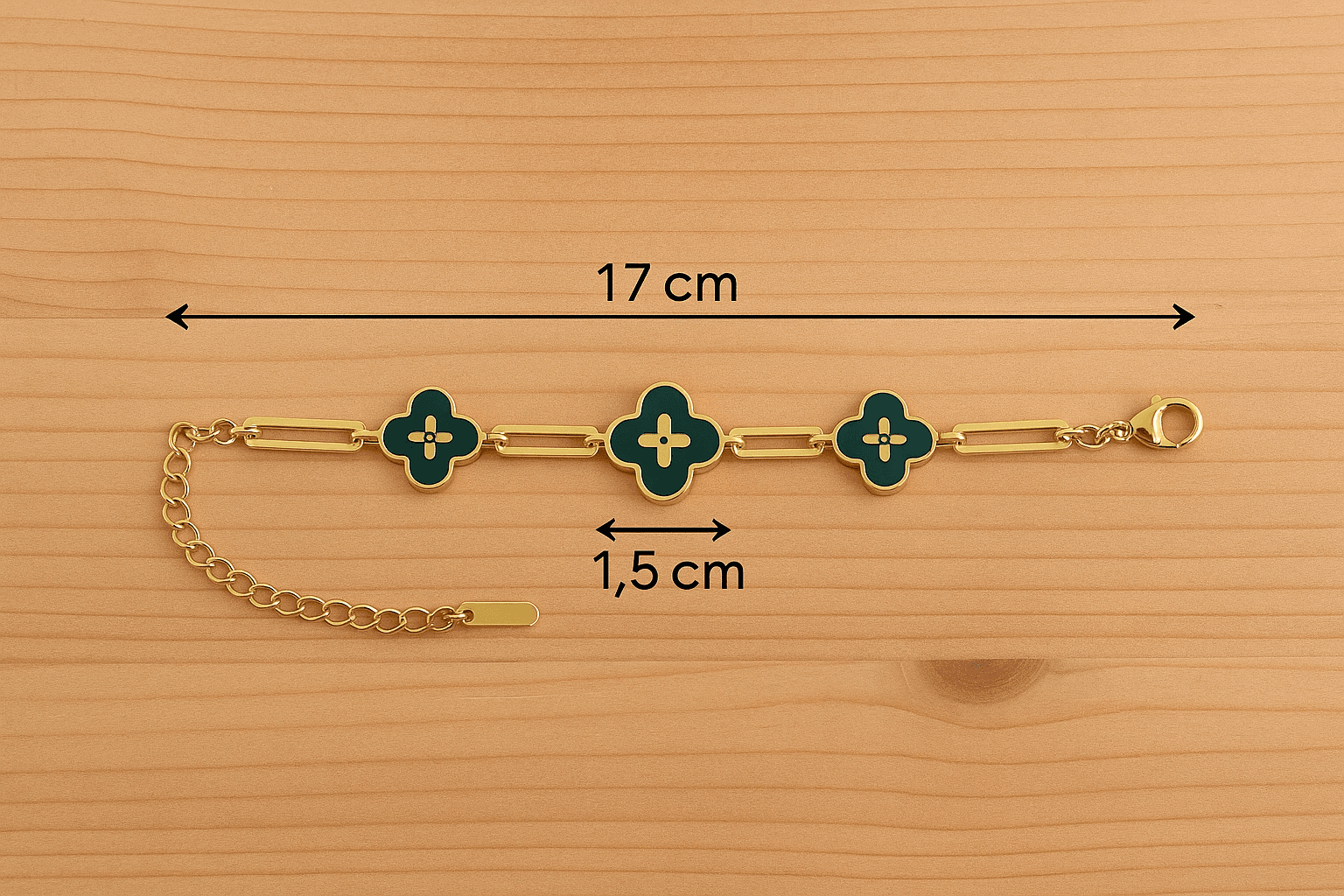 Kadın Siyah Renk Yonca Figürlü Altın Renk Bileklik – 17 cm Ayarlanabilir Zincir