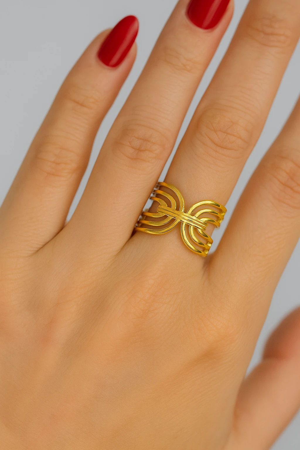 Altın Renkli Geometrik Örgü Tasarımlı Ayarlanabilir Çelik Yüzük