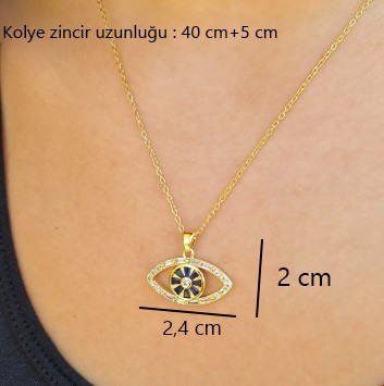 Gold Nazar Göz Figürlü Taşlı Çelik Kolye – Kararmaz, Ayarlanabilir, 40+5 cm (1 mm Zincir)