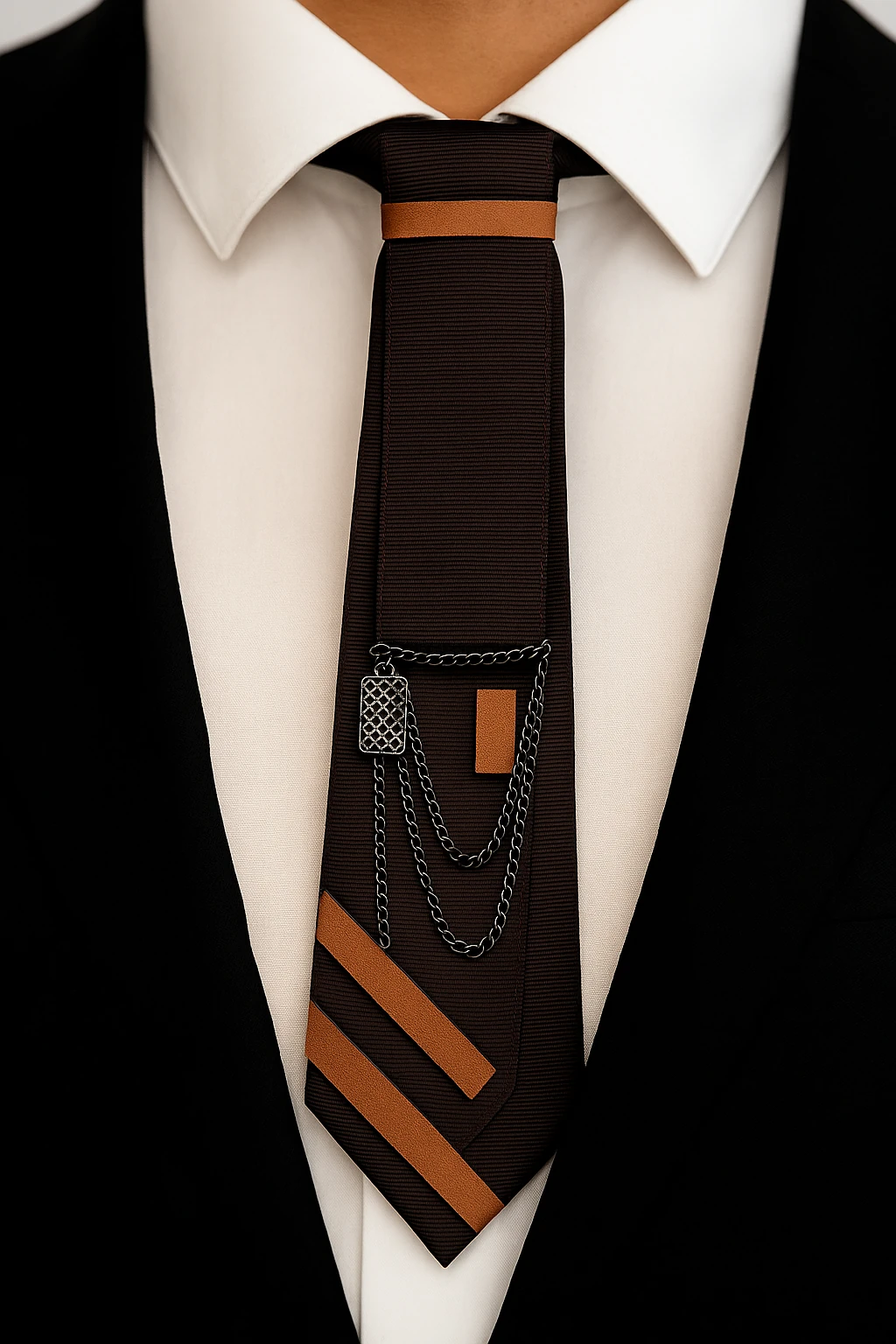 Tarz Zincir Detaylı Kahverengi Kravat – Geometrik Tasarım & Modern Duruş
