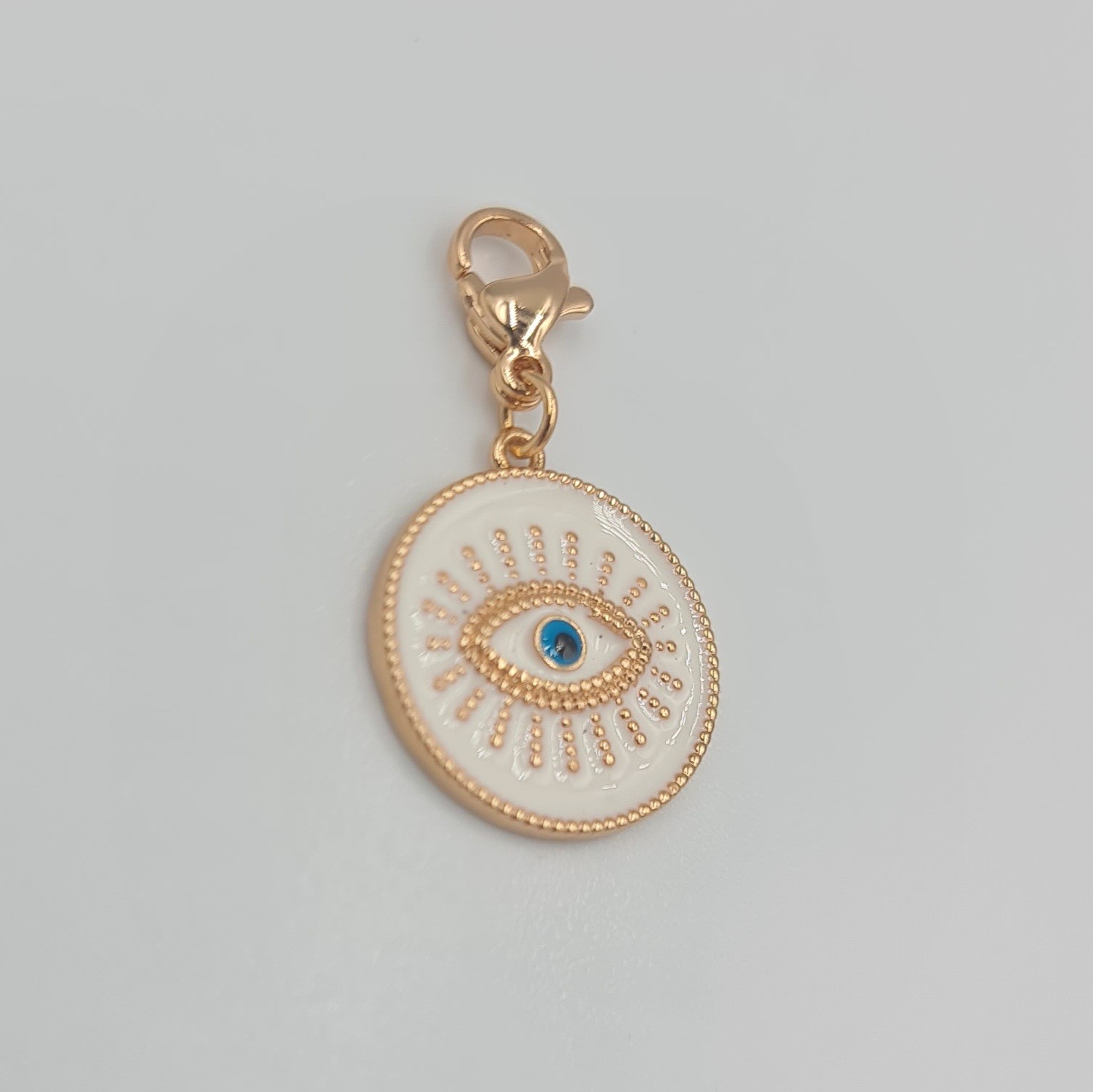 Rose Renk Göz Charm Kolye Ucu – Beyaz Mineli Nazar Boncuklu, Xuping, Çok Amaçlı Kullanım (3 cm)