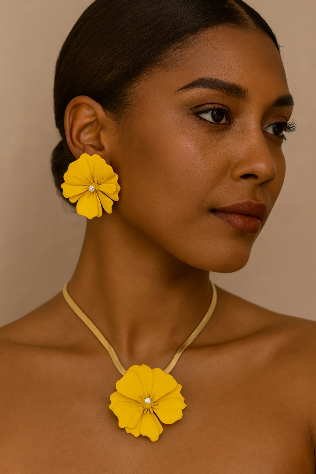 İnci Detaylı Sarı Çiçek Kolye ve Küpe Set