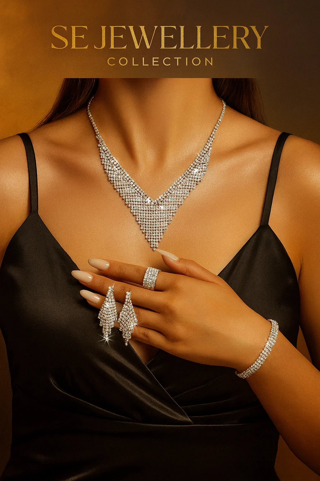 Düğün ve Davet İçin Işıltılı Taşlı 4’lü Takı Seti (Kolye, Küpe, Bileklik, Yüzük)