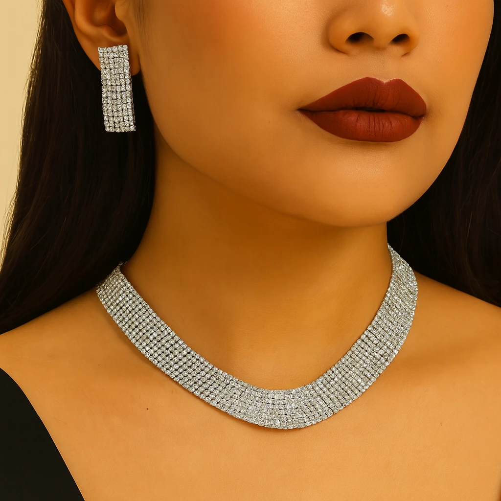 Düğün ve Davet İçin Kristal Taşlı Kolye ve Küpe Seti