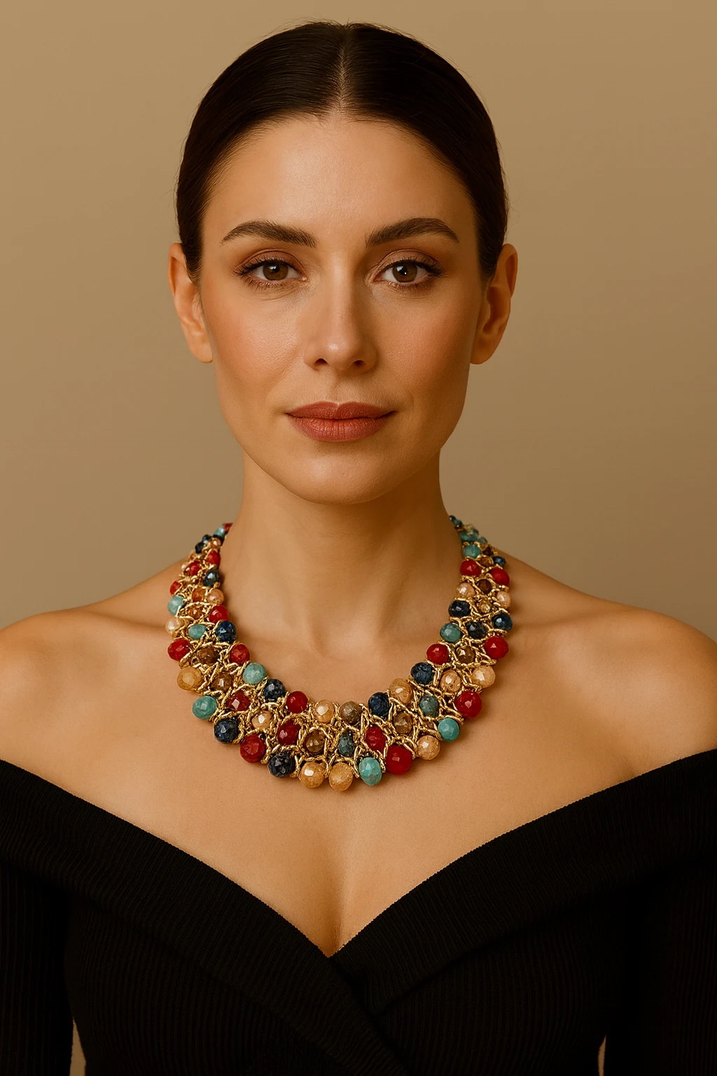 Şık Çok Renkli Taş Detaylı Altın Kaplama Gösterişli Kolye