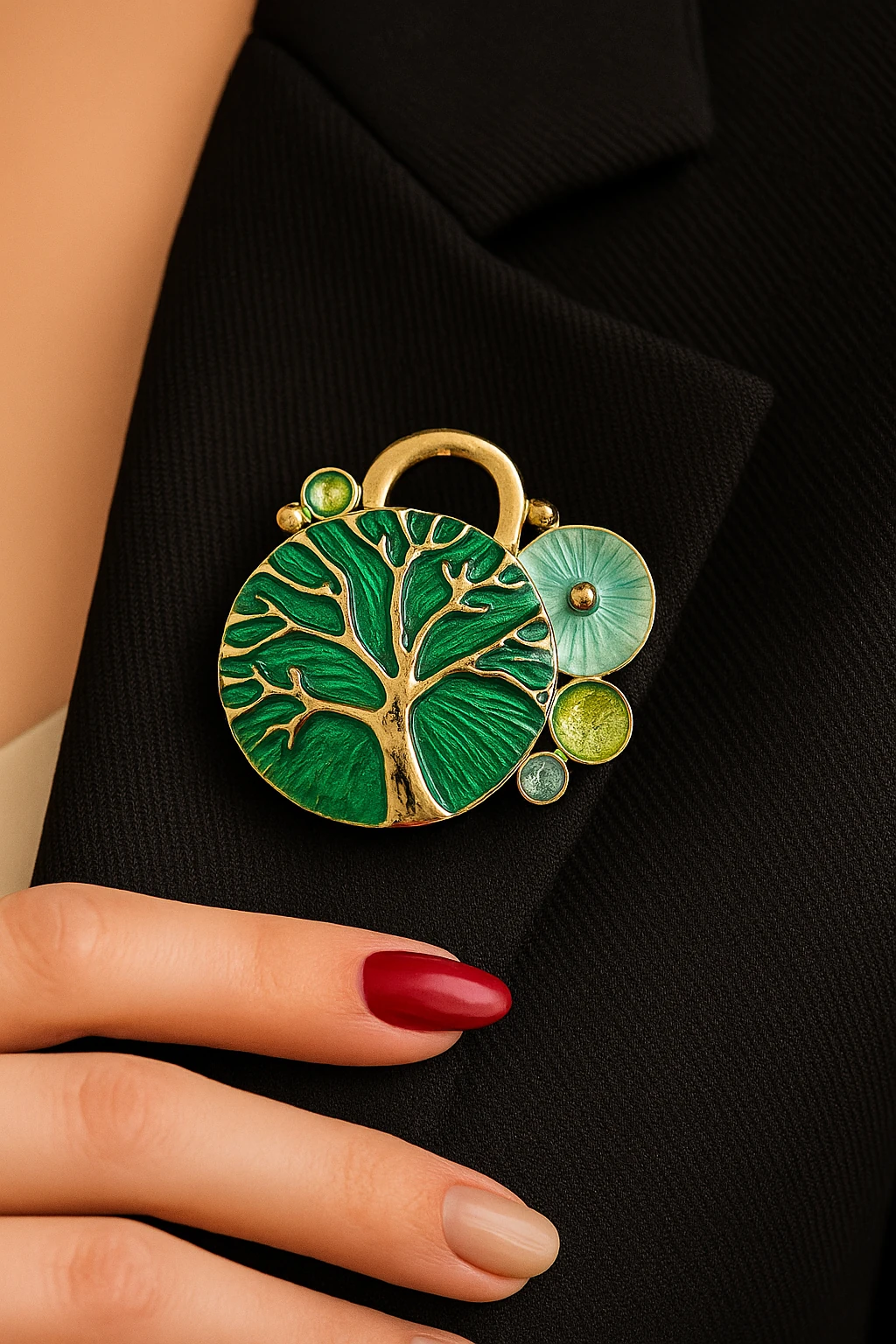 Altın Kaplama Mıknatıslı Mine "Hayat Ağacı" Broş