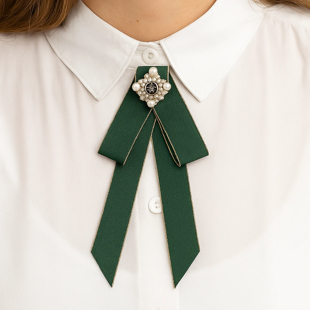 Zümrüt Yeşili Kurdeleli İnci Detaylı Vintage Yaka Broşu