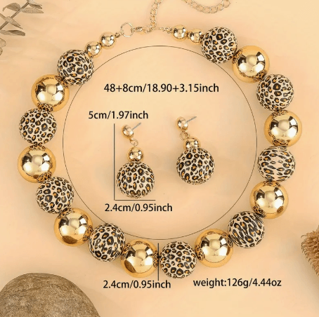 Ahşap Boncuklu Gold-Leopar Kolye Küpe Takı Seti
