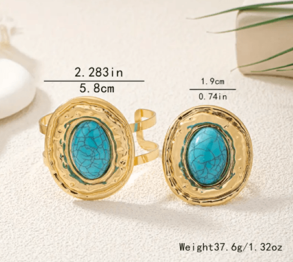 Kadın Gold Turkuaz Taşlı Takı Seti – Ayarlanabilir Kelepçe Bileklik ve Oval Yüzük – Vintage Boho Stil