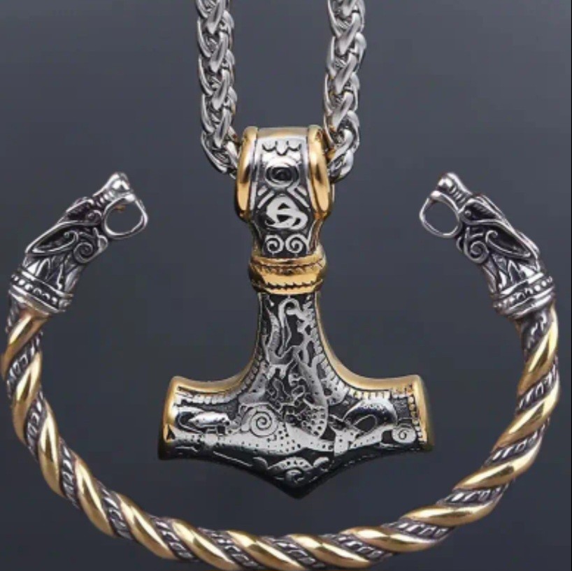 Viking Vintage Kurt Kafası Erkek Kolye Bileklik Set