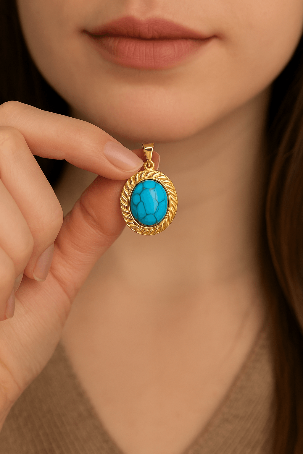 Çelik Oval Turkuaz Kolye Ucu – Vintage Stil