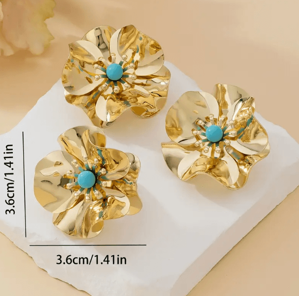 Gold Modern Mavi Boncuk Detaylı Trend Büyük Çiçek Küpe Yüzük Set Şık Kadın Takı Seti