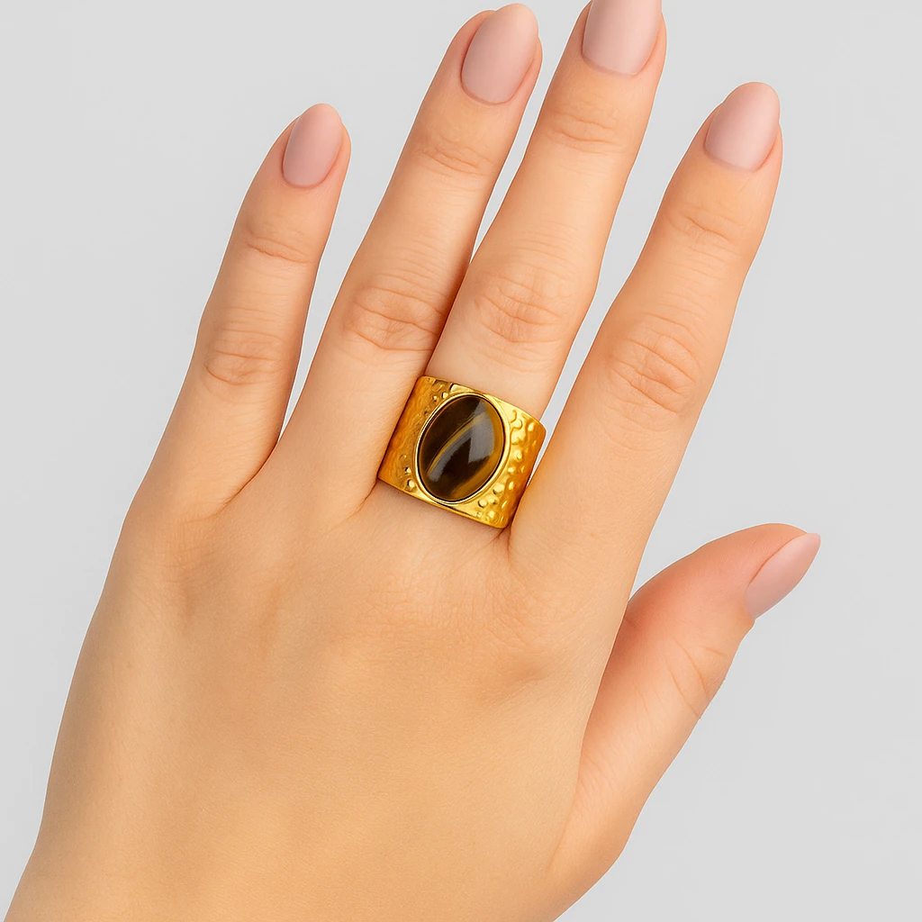 Kaplan Gözü Taşlı Geniş Form Çelik Ayarlanabilir Yüzük