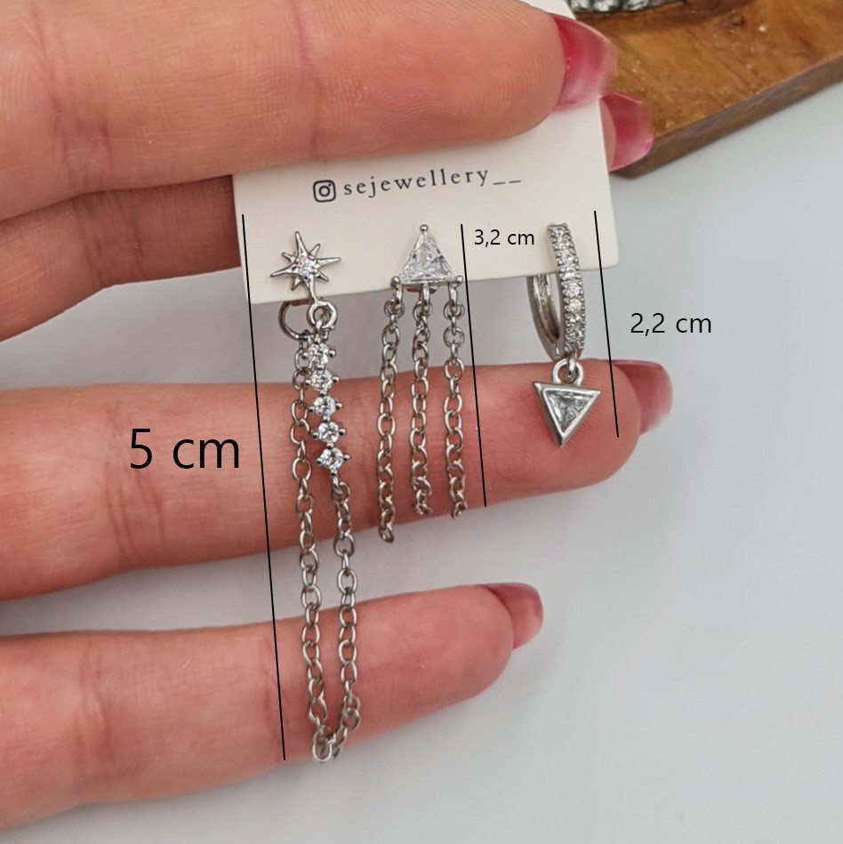 Gümüş Renk Xuping Üçlü Zincir Detaylı Zirkon Taşlı Şık Kadın Küpe Seti