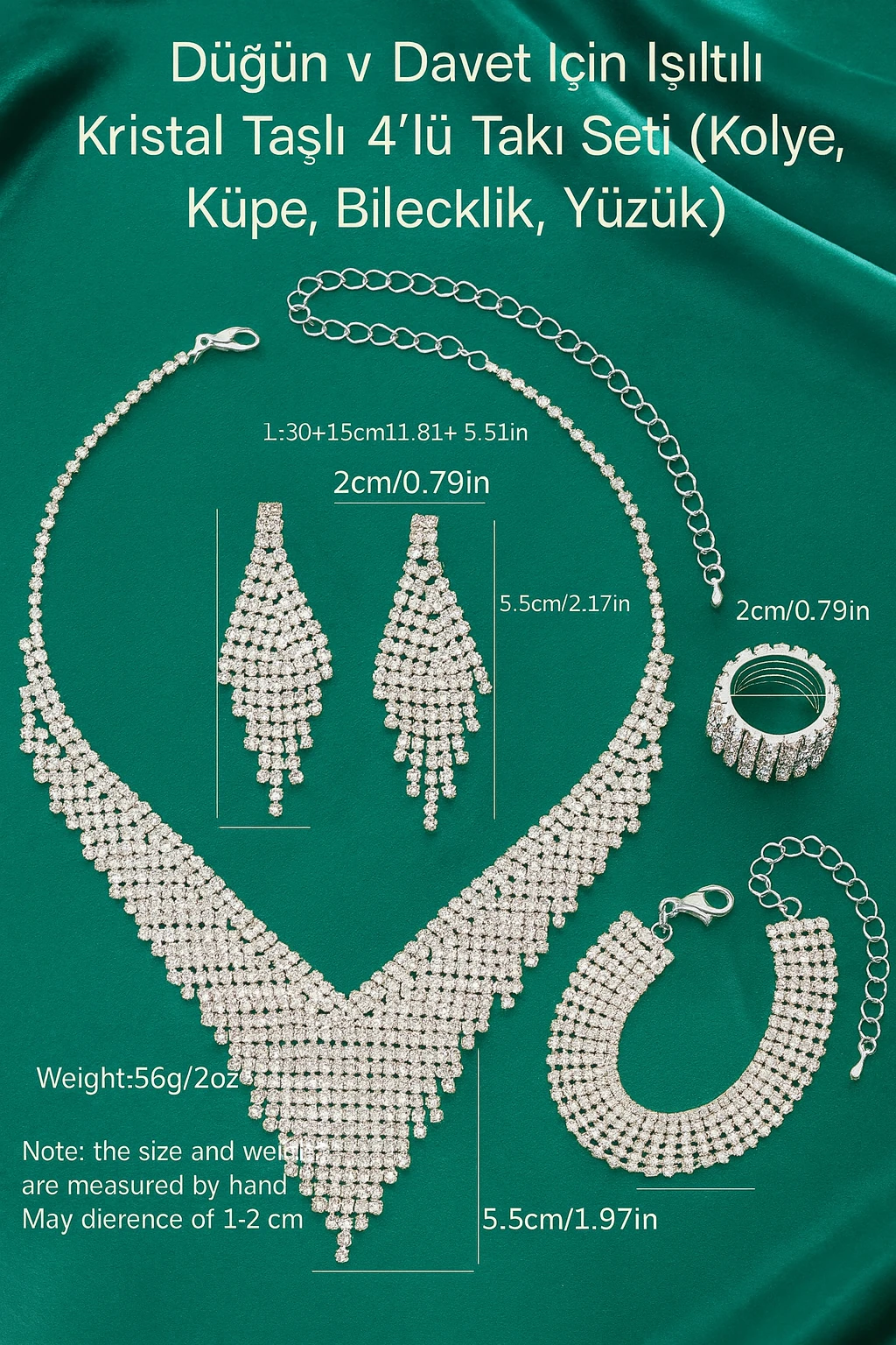 Düğün ve Davet İçin Işıltılı Taşlı 4’lü Takı Seti (Kolye, Küpe, Bileklik, Yüzük)